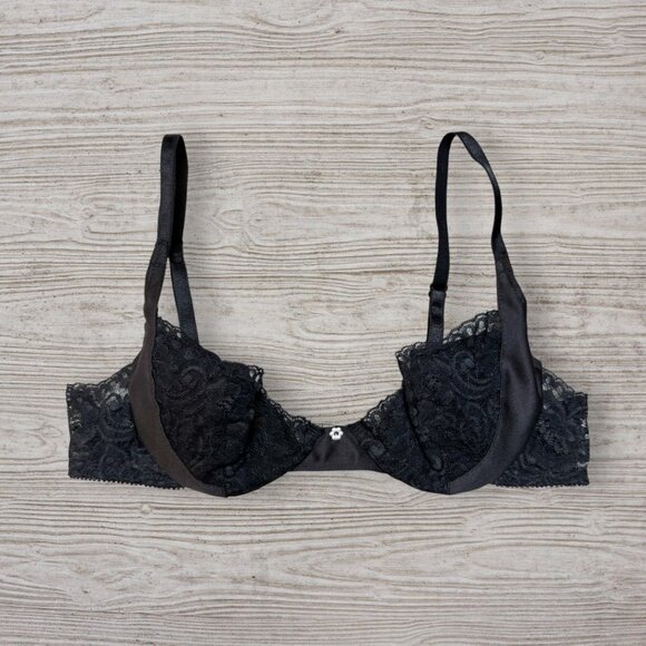 CHRISTIAN DIOR 4219 Black Satin Pearl Accent Lace Underwire Padded Lined Bra 36A - Picture 1 of 4